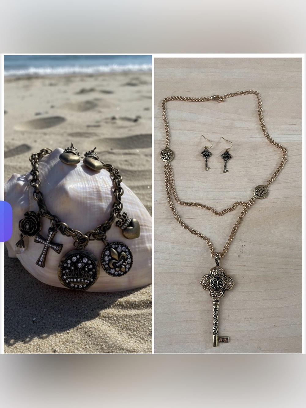Vintage Gold Tone Key Pendant Necklace and Charm necklace. Both necklaces